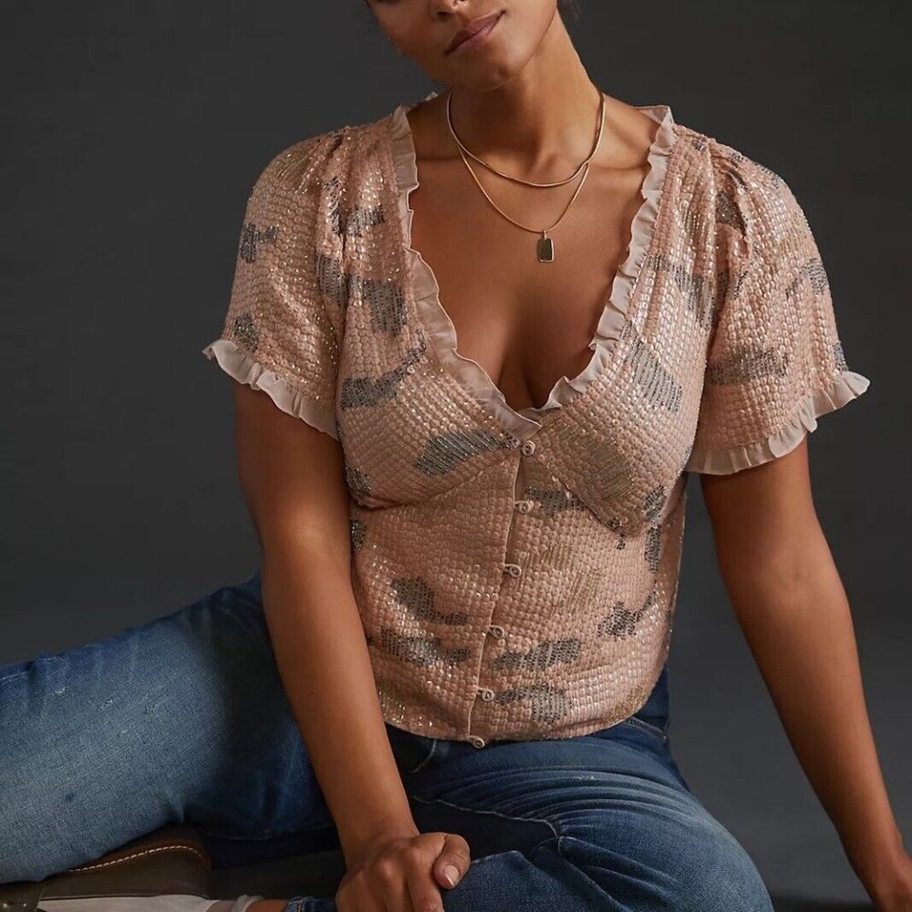 Anthropologie Forever That Girl Blush Pink Sequin Top